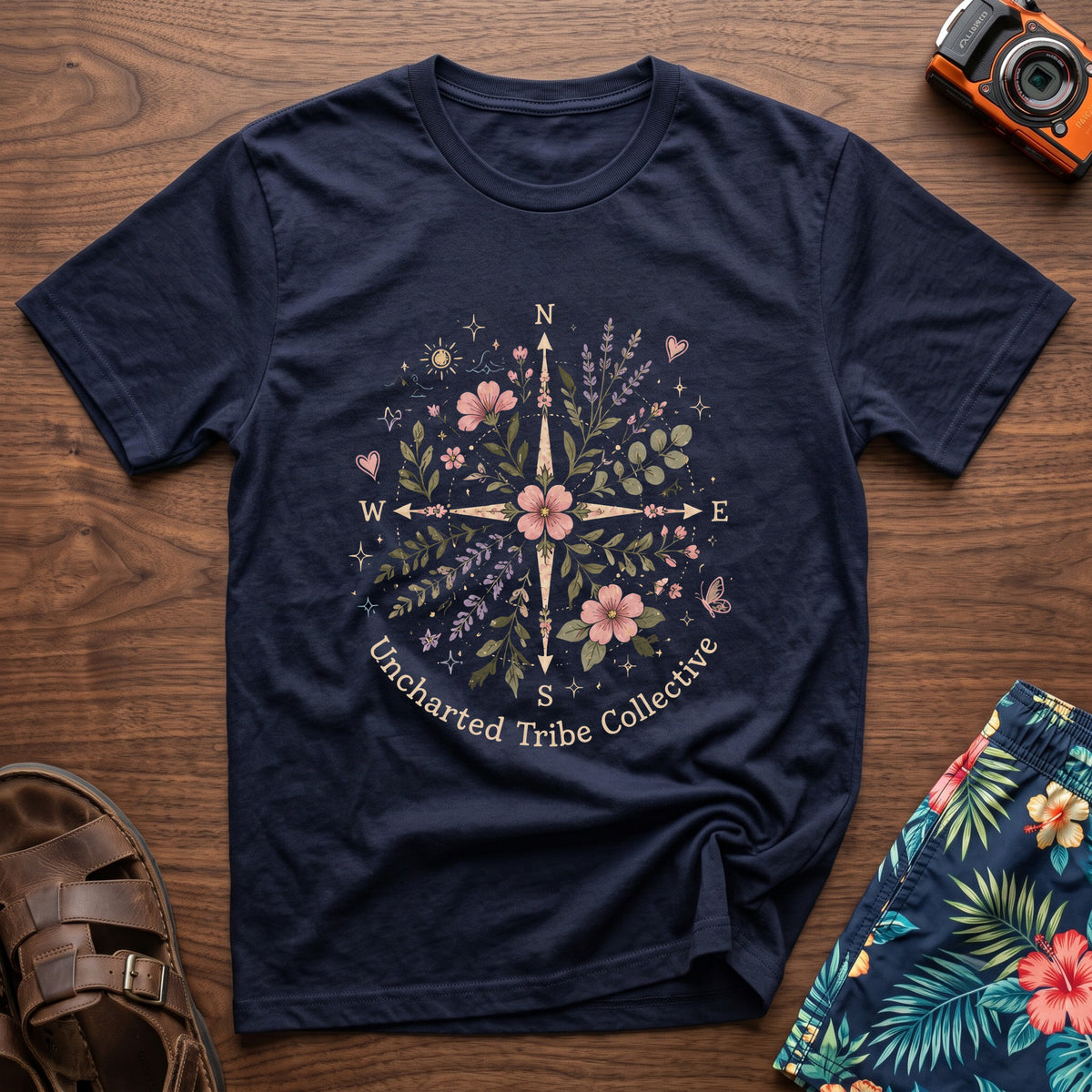 Uncharted Floral Compass T-Shirt in Navy, front view.