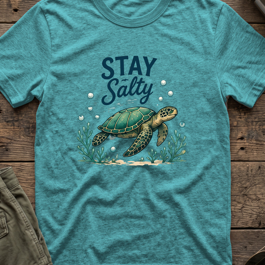 Stay Salty T-Shirt in Heather Galapagos Blue, front view.