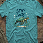Stay Salty T-Shirt in Heather Galapagos Blue, front view.