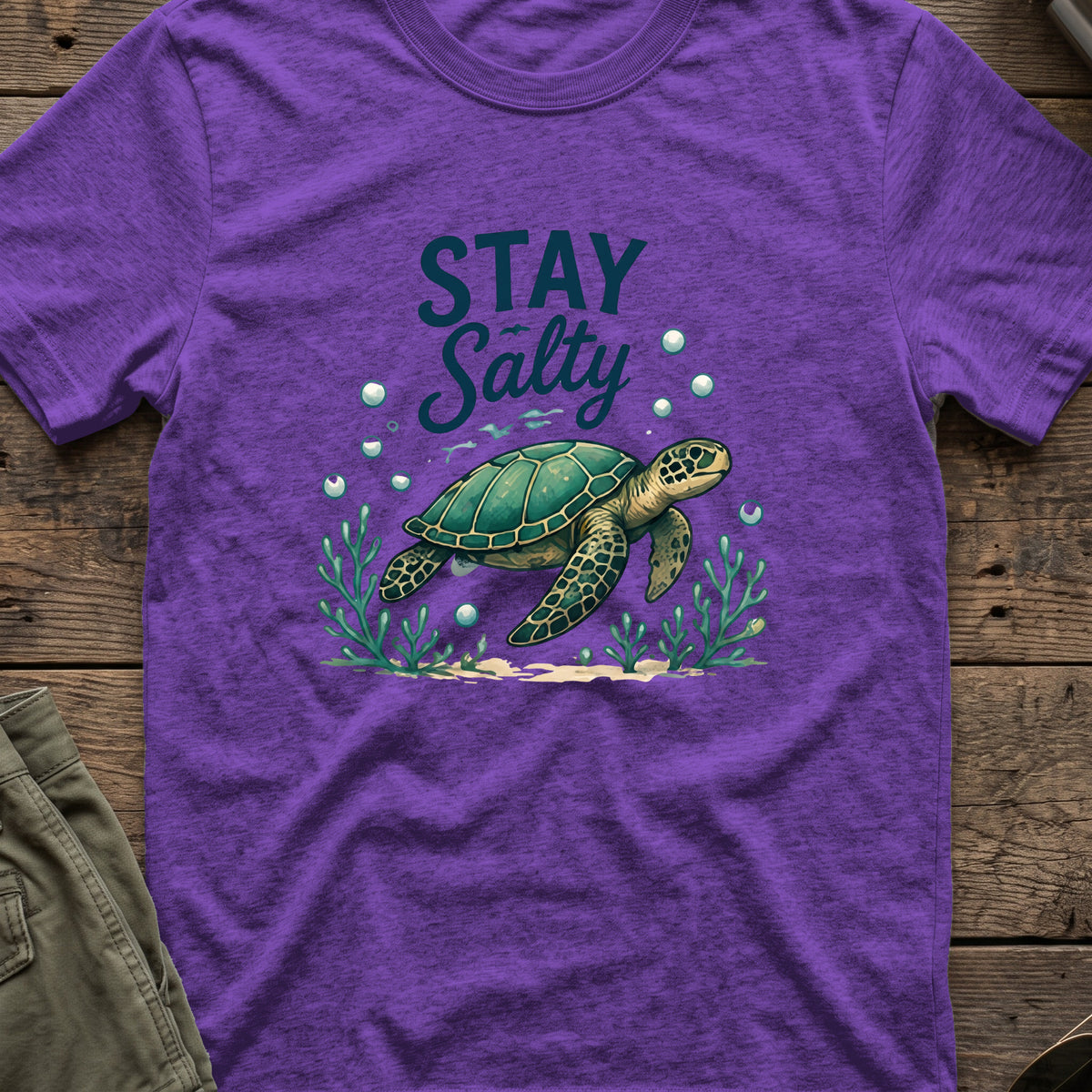 Stay Salty T-Shirt in Heather Purple, front view.