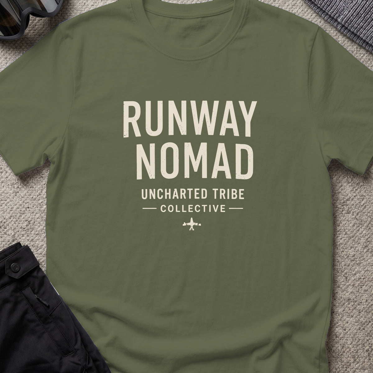 Runway Nomad T-Shirt in Military Green, front view.