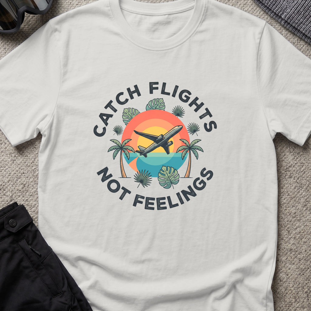 Catching Flights not Feelings T-Shirt in Ice Grey, front view.