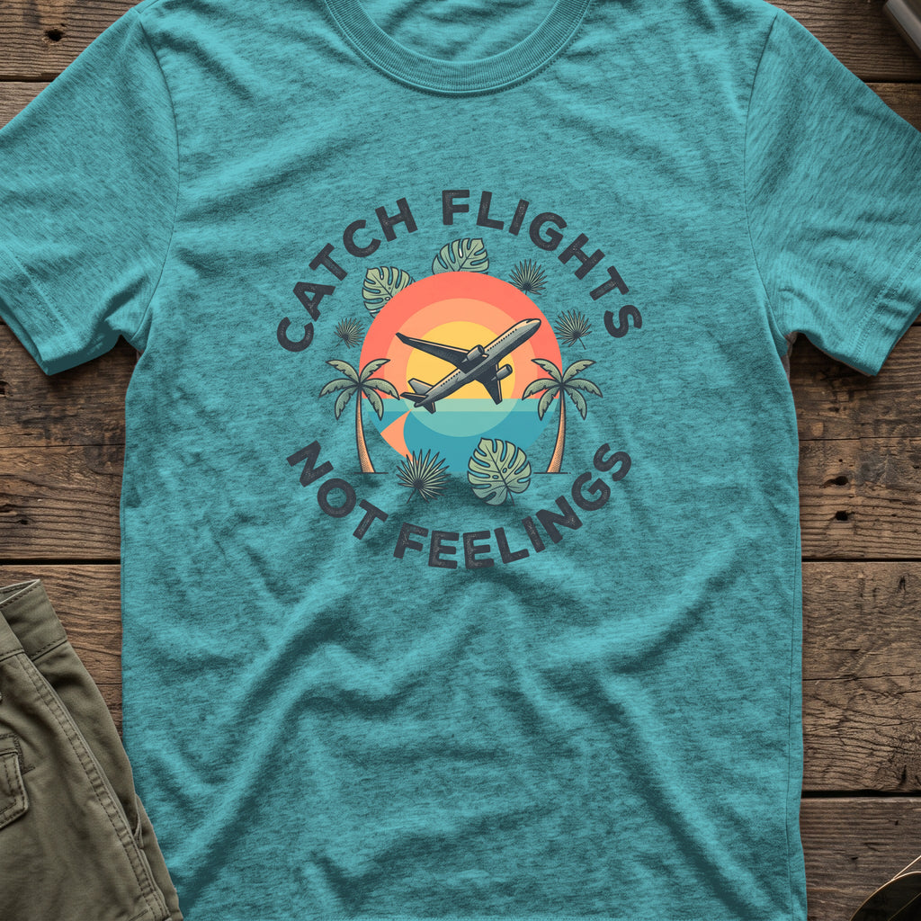 Catching Flights not Feelings T-Shirt in Heather Galapagos Blue, front view.