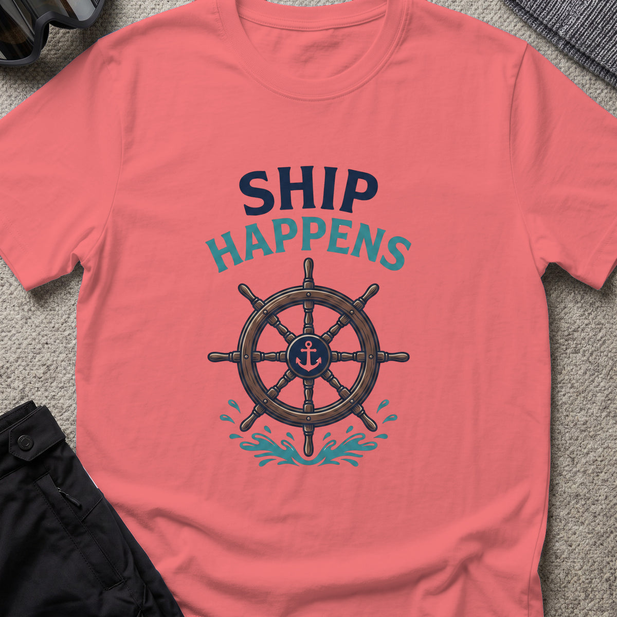 Ship Happens T-Shirt in Coral Silk, front view.
