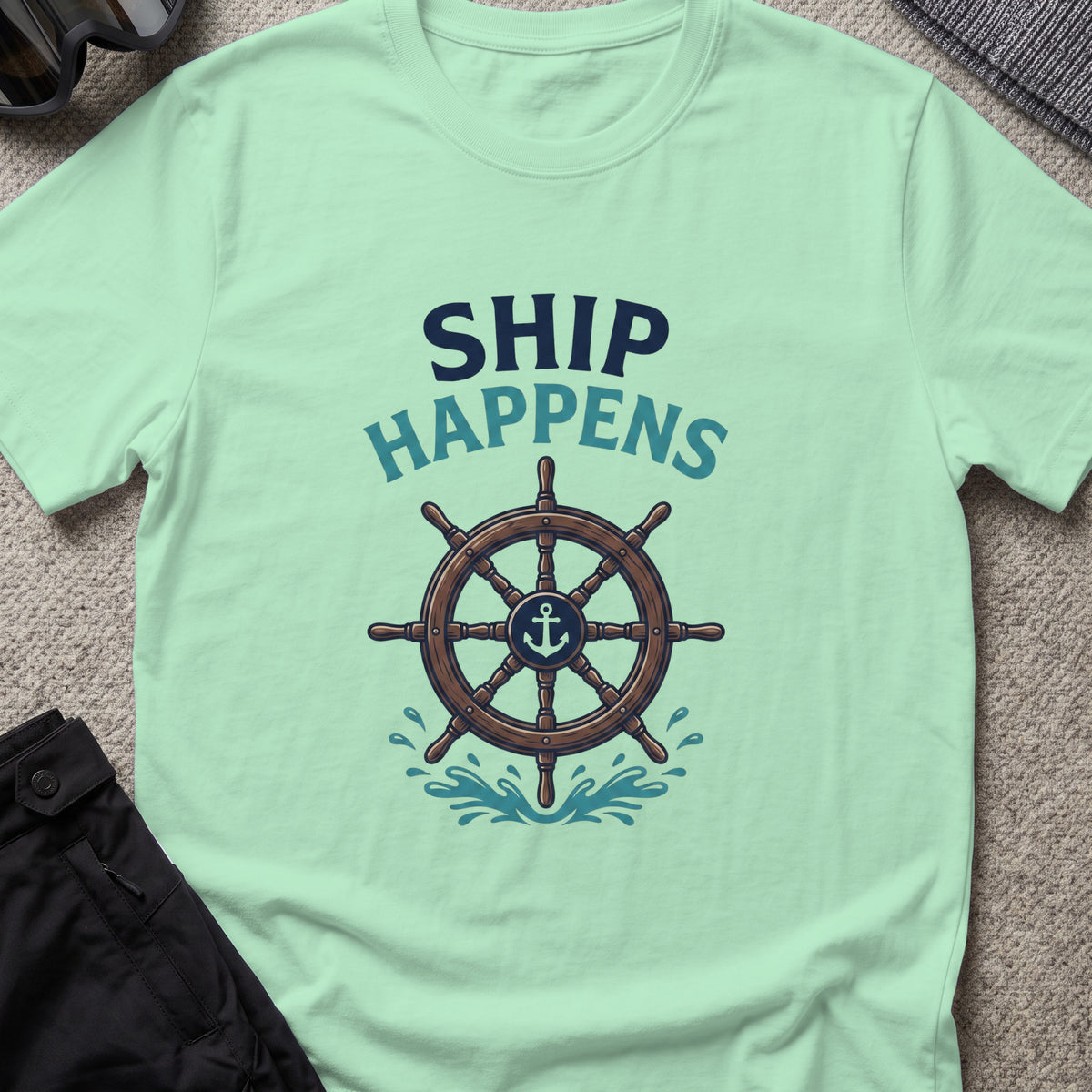 Ship Happens T-Shirt in Mint Green, front view.