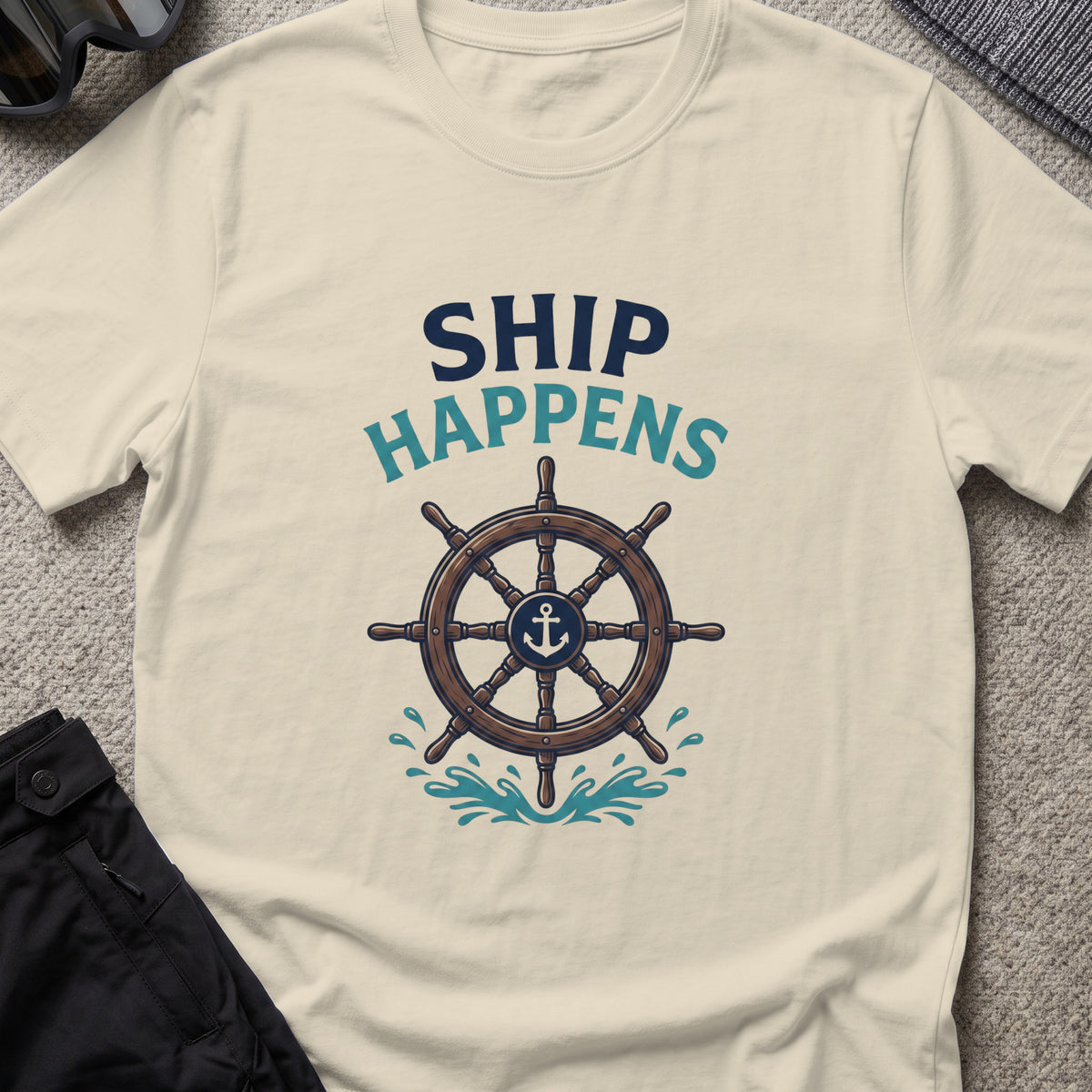 Ship Happens T-Shirt in Sand, front view.