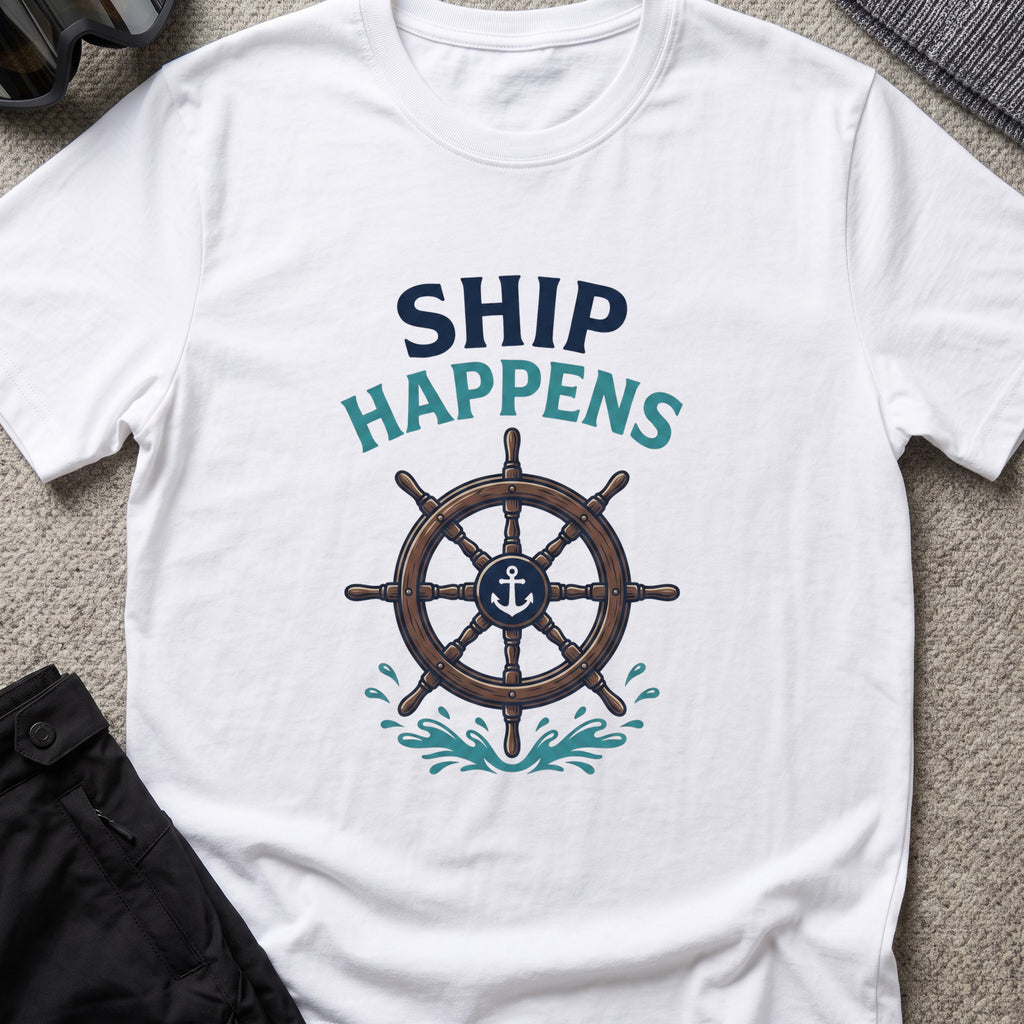 Ship Happens T-Shirt in White, front view.