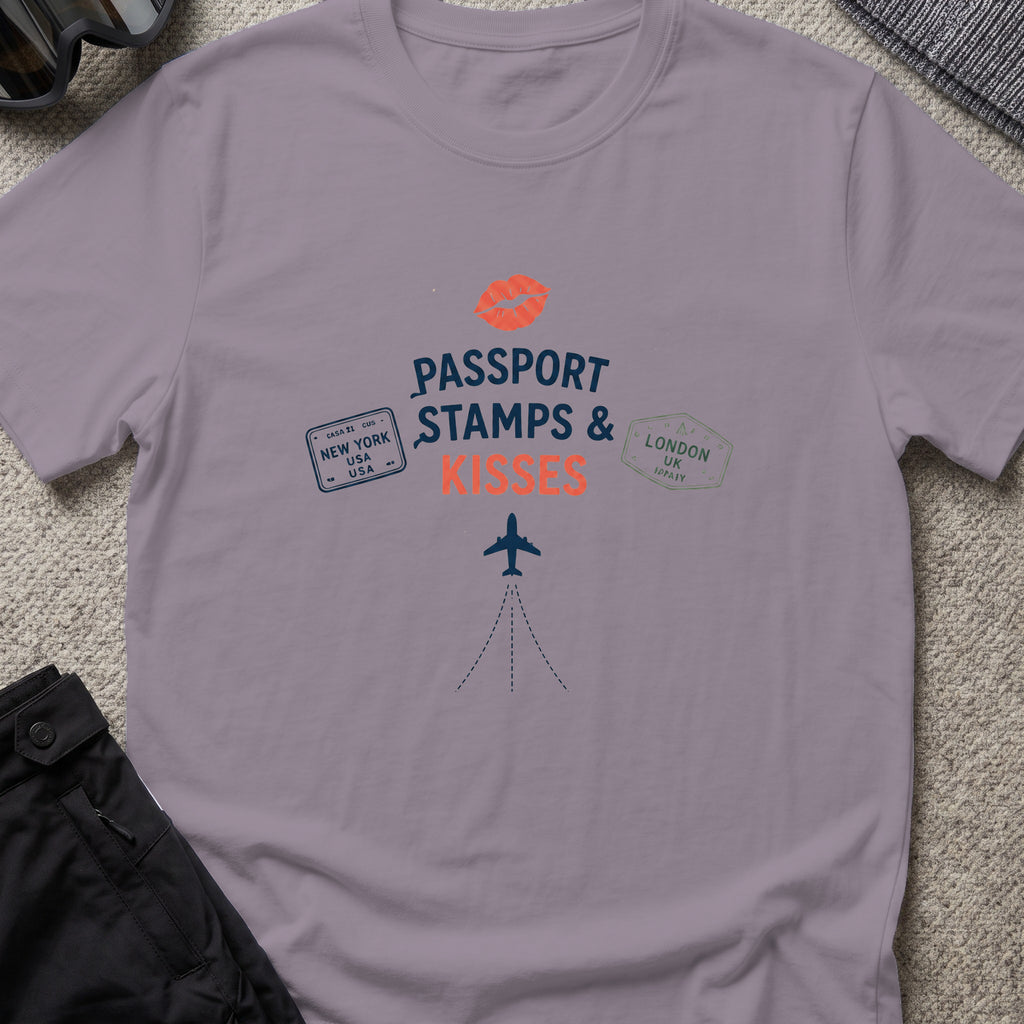 Passport Stamps and Kisses T-Shirt in Paragon, front view.