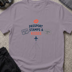 Passport Stamps and Kisses T-Shirt in Paragon, front view.