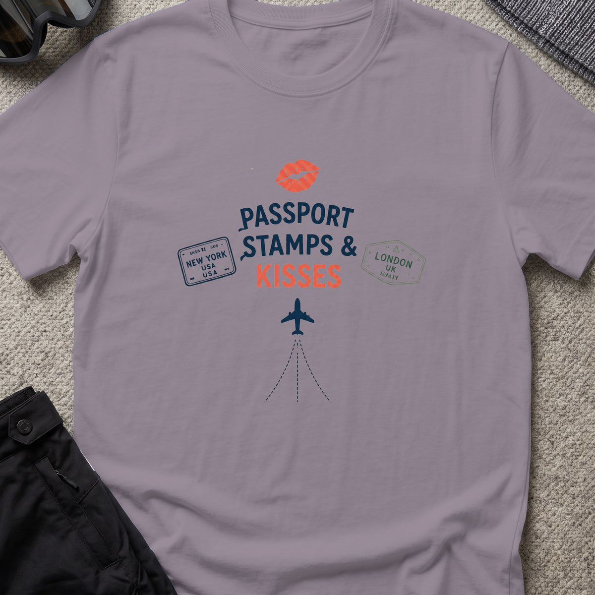 Passport Stamps and Kisses T-Shirt in Paragon, front view.