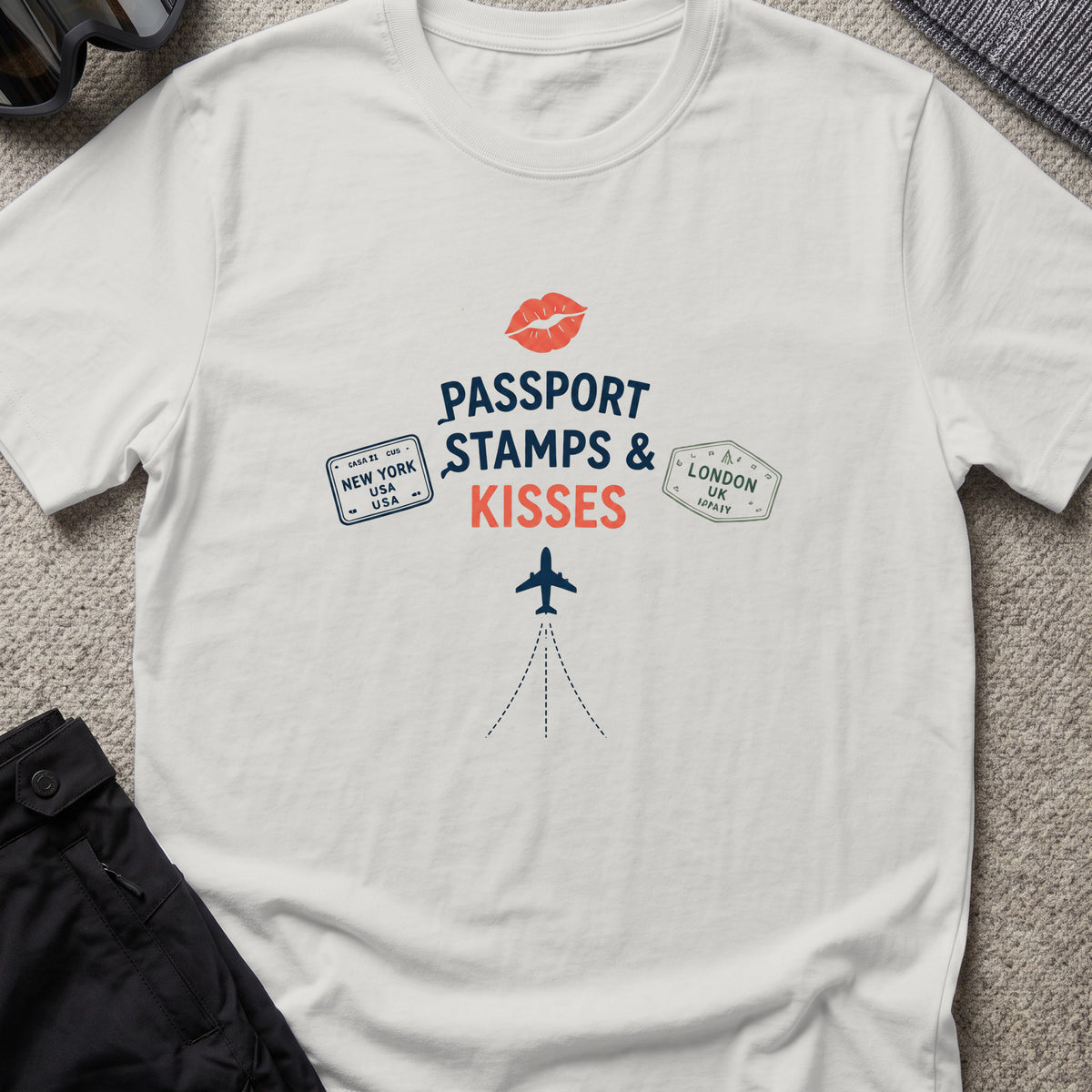 Passport Stamps and Kisses T-Shirt in Ice Grey, front view.