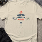 Passport Stamps and Kisses T-Shirt in Sand, front view.