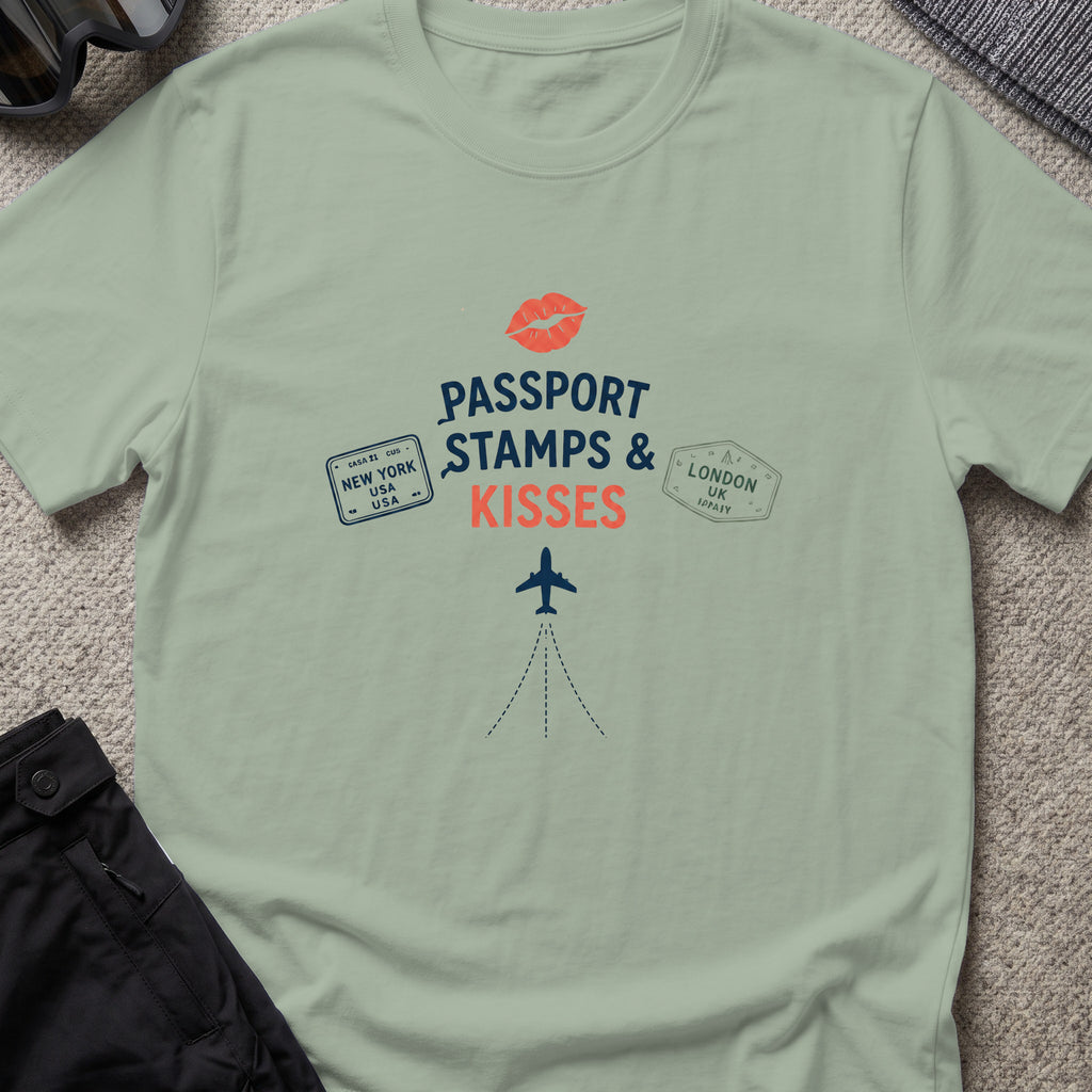 Passport Stamps and Kisses T-Shirt in Sage, front view.