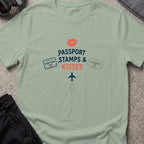 Passport Stamps and Kisses T-Shirt in Sage, front view.