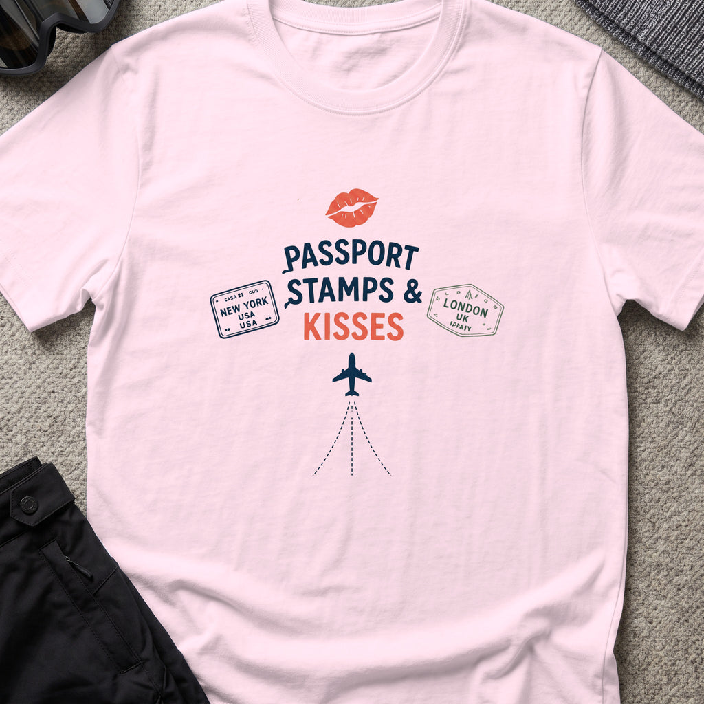 Passport Stamps and Kisses T-Shirt in Light Pink, front view.
