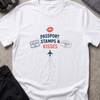 Passport Stamps and Kisses T-Shirt in White, front view.