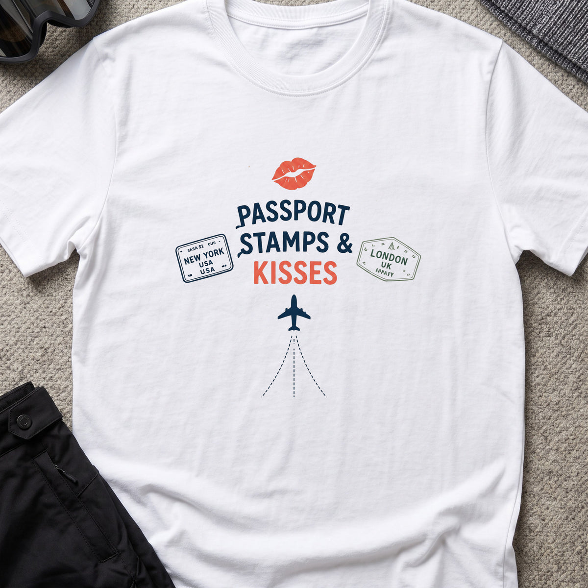 Passport Stamps and Kisses T-Shirt in White, front view.