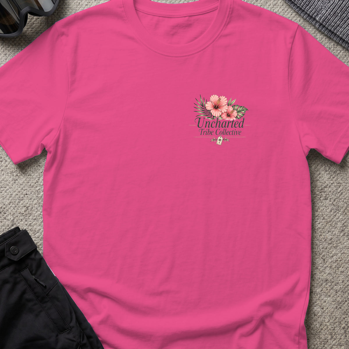 Packed the Island T-Shirt in Heliconia, front view.