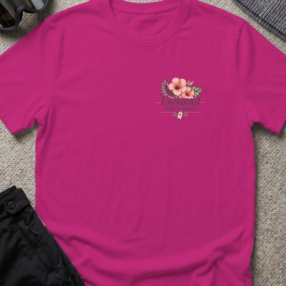 Packed the Island T-Shirt in Antique Heliconia, front view.