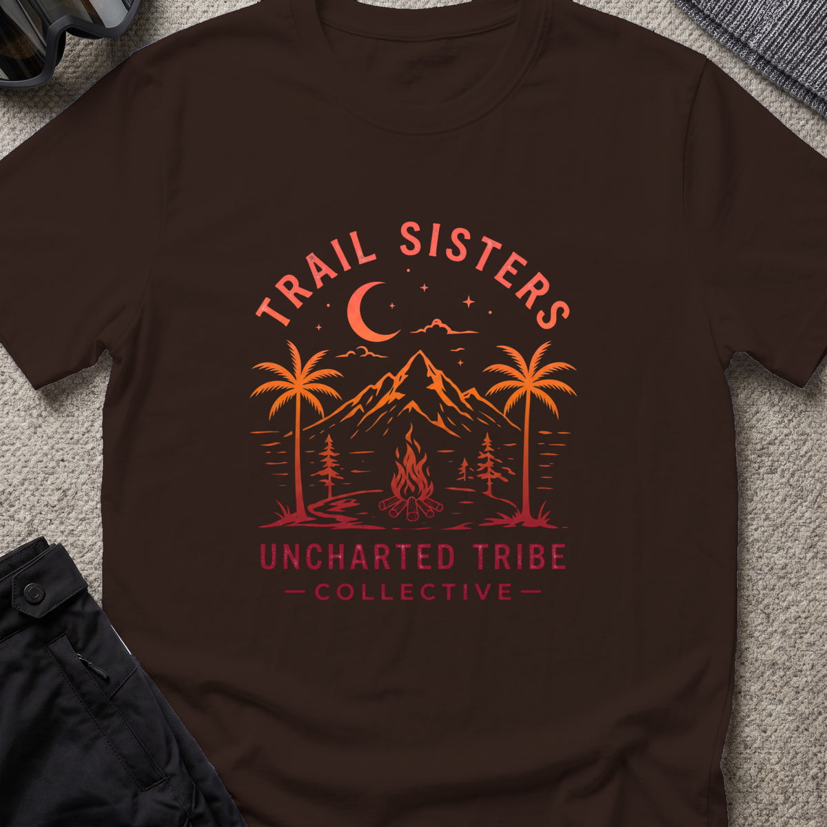 Trail Sisters T-Shirt in Dark Chocolate, front view.