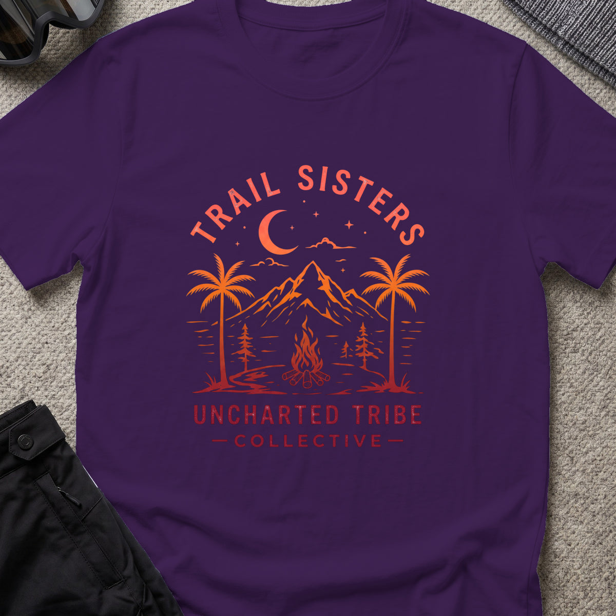 Trail Sisters T-Shirt in Purple, front view.