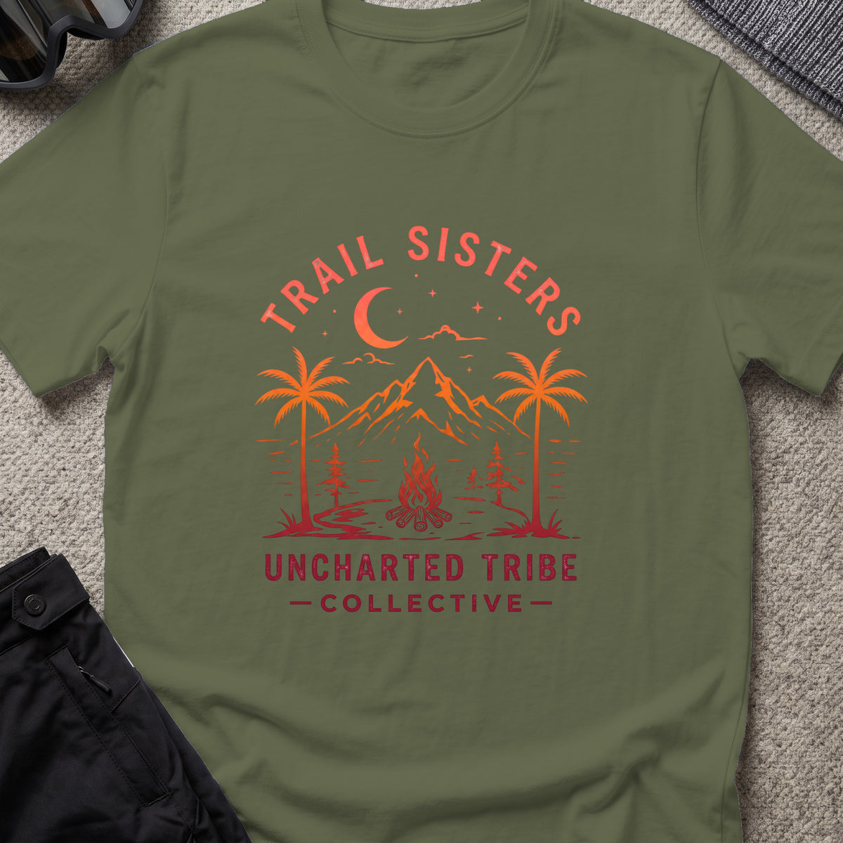 Trail Sisters T-Shirt in Military Green, front view.