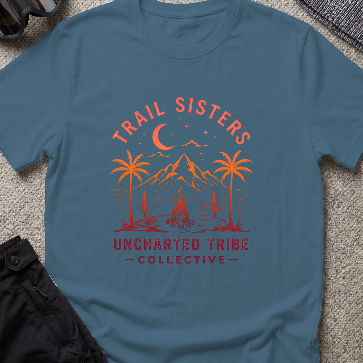 Trail Sisters T-Shirt in Indigo Blue, front view.