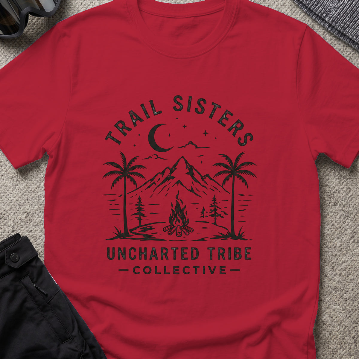 Trail Sisters T-Shirt in Antique Cherry Red, front view.