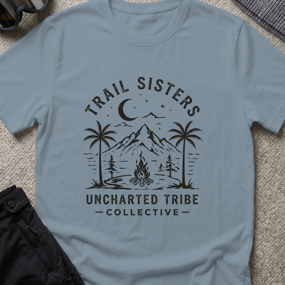 Trail Sisters T-Shirt in Stone Blue, front view.