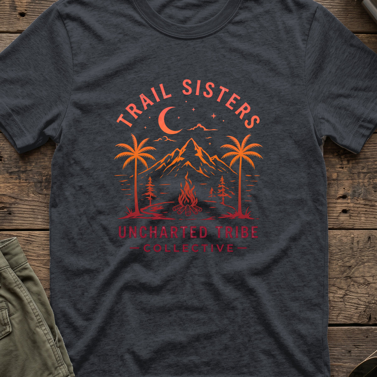 Trail Sisters T-Shirt in Dark Heather Grey, front view.