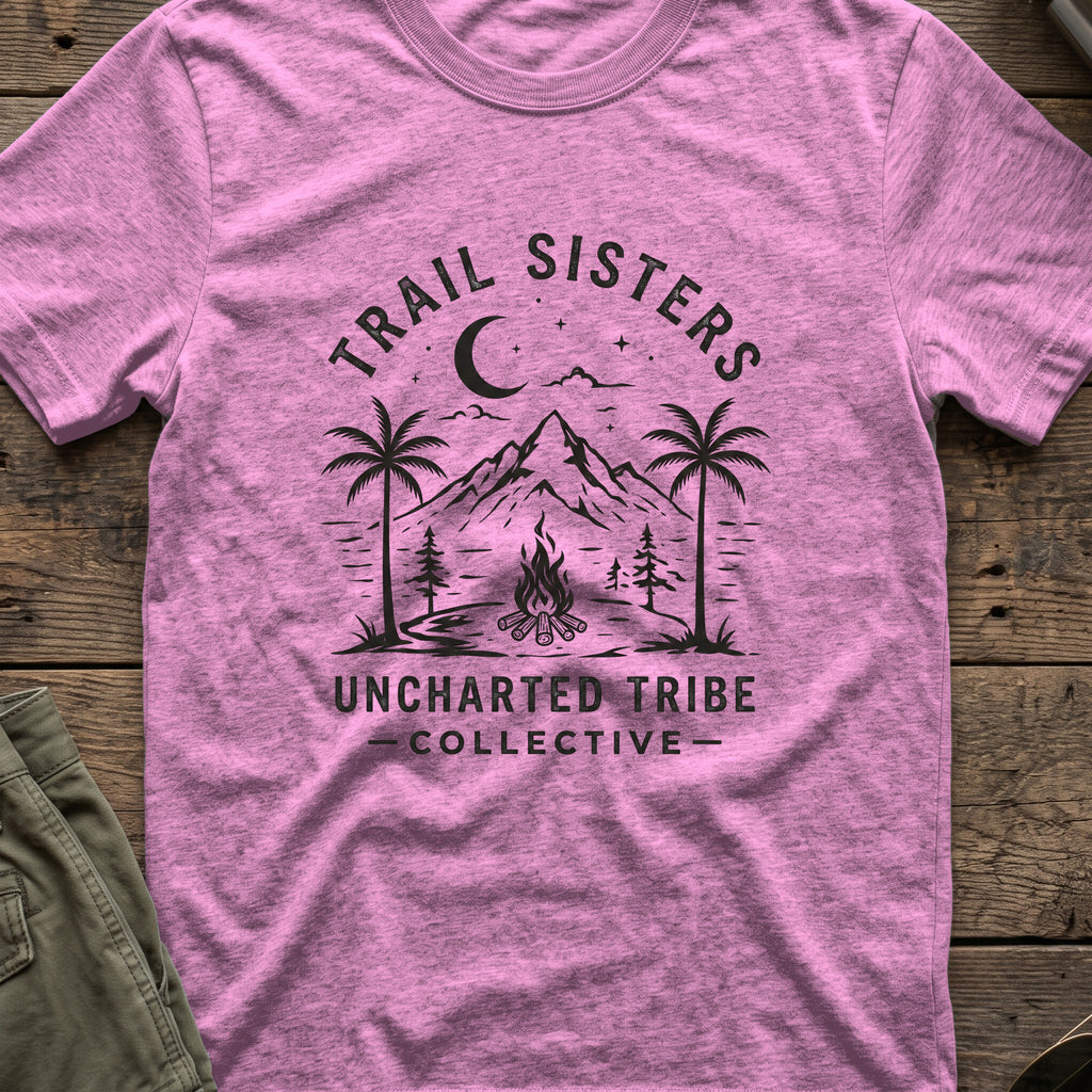 Trail Sisters T-Shirt in Heather Radiant Orchid, front view.