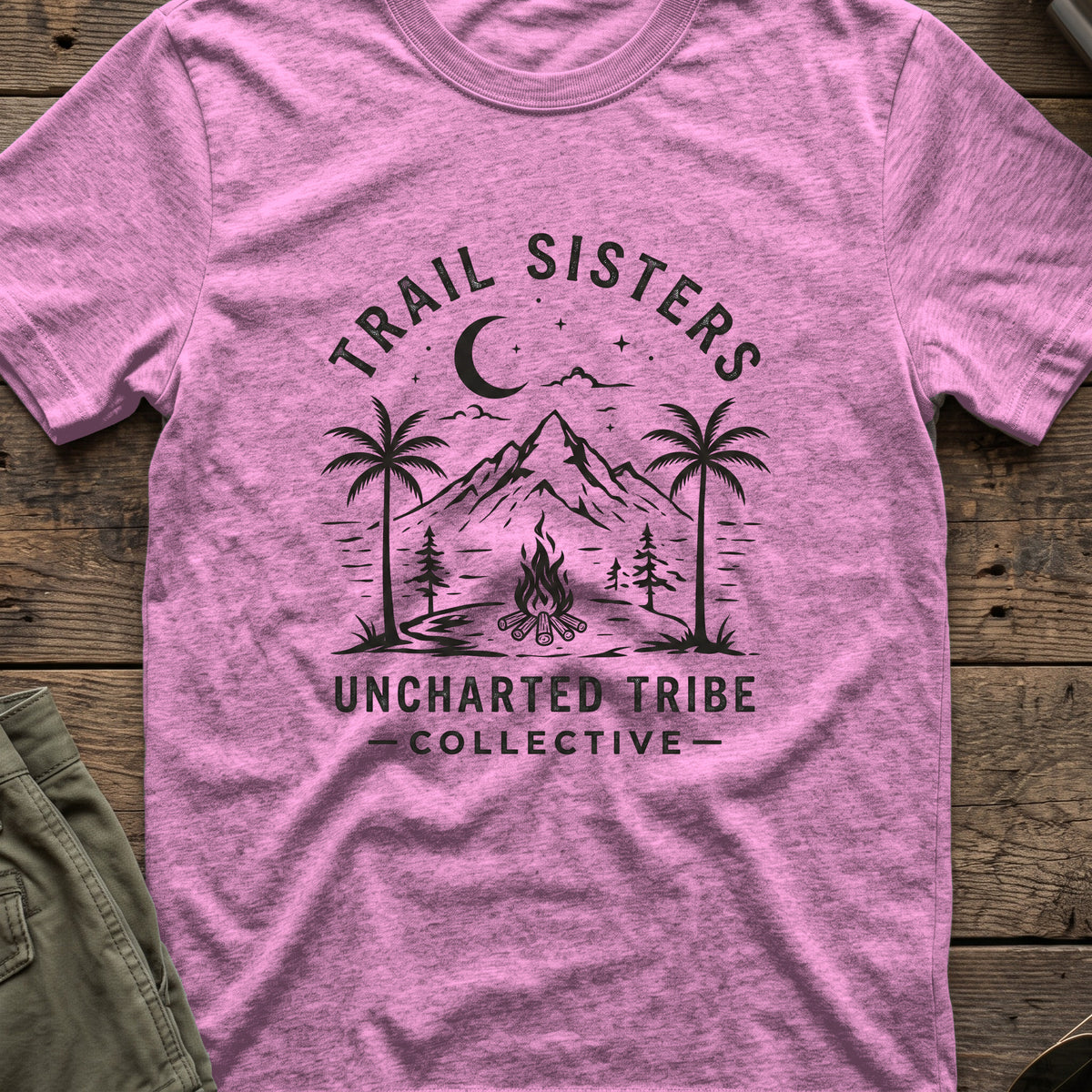 Trail Sisters T-Shirt in Heather Radiant Orchid, front view.