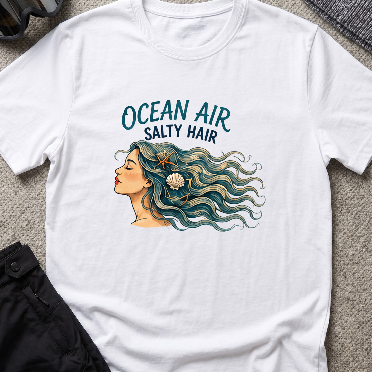 Ocean Air Salty Hair T-Shirt in White, front view.