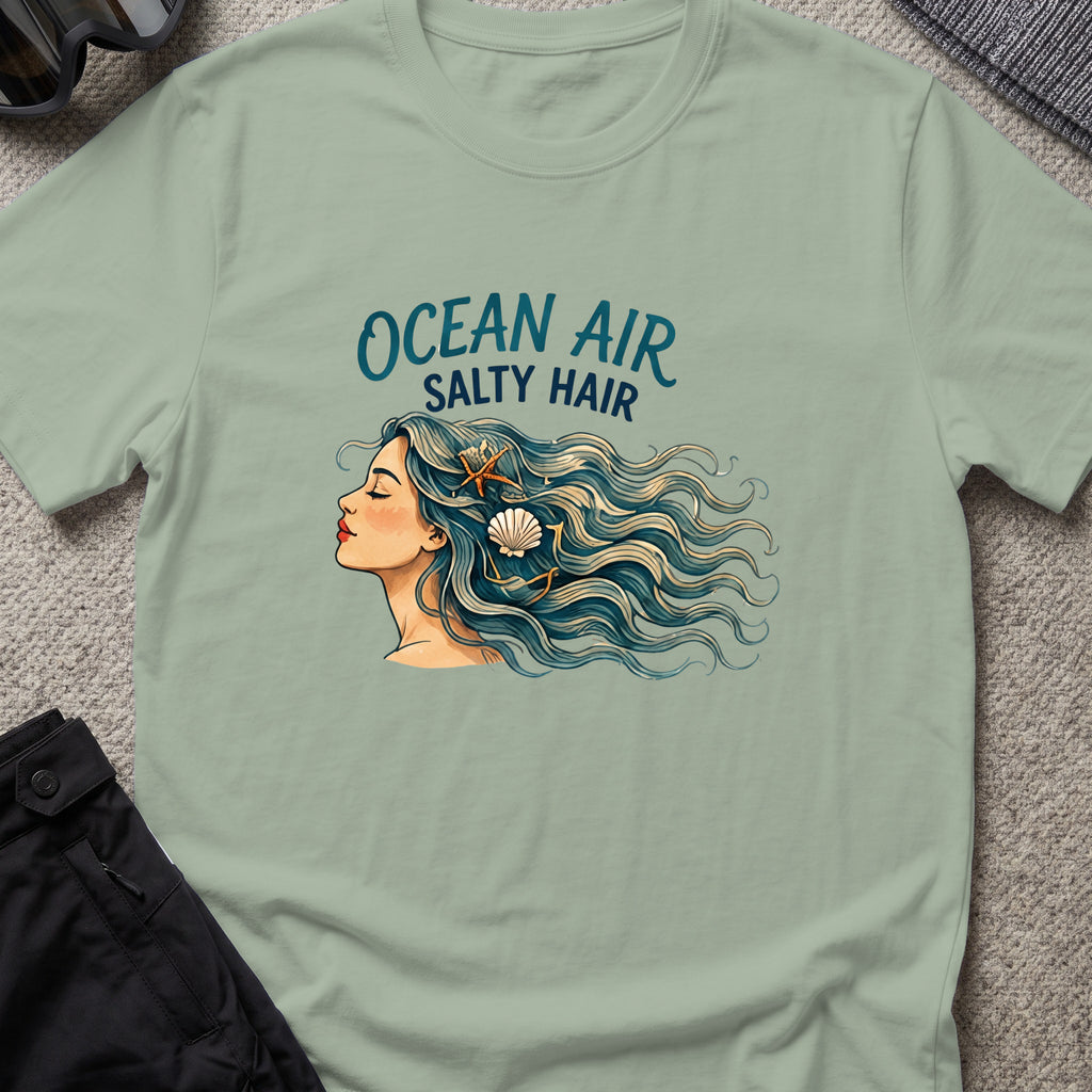 Ocean Air Salty Hair T-Shirt in Sage, front view.