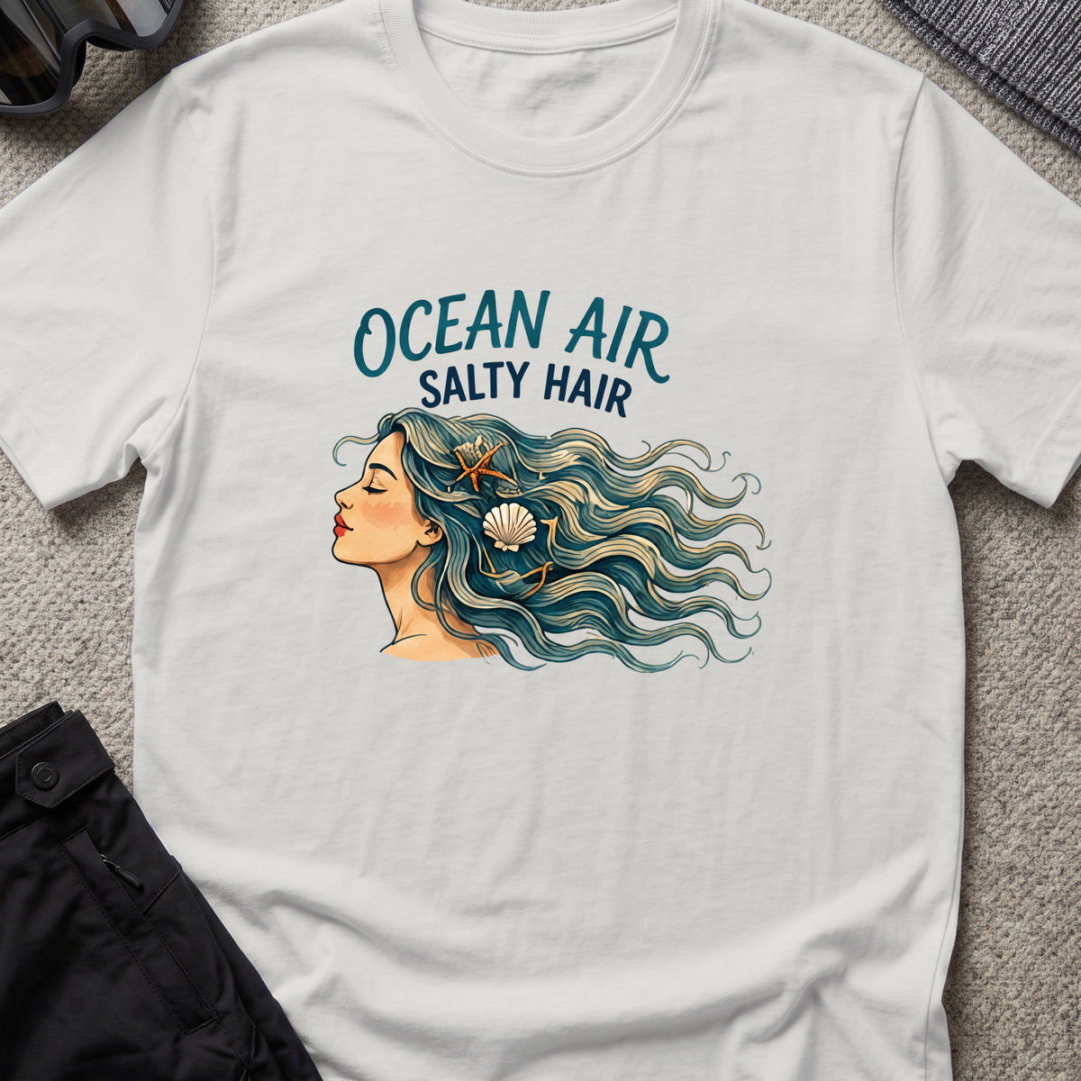 Ocean Air Salty Hair T-Shirt in Ice Grey, front view.