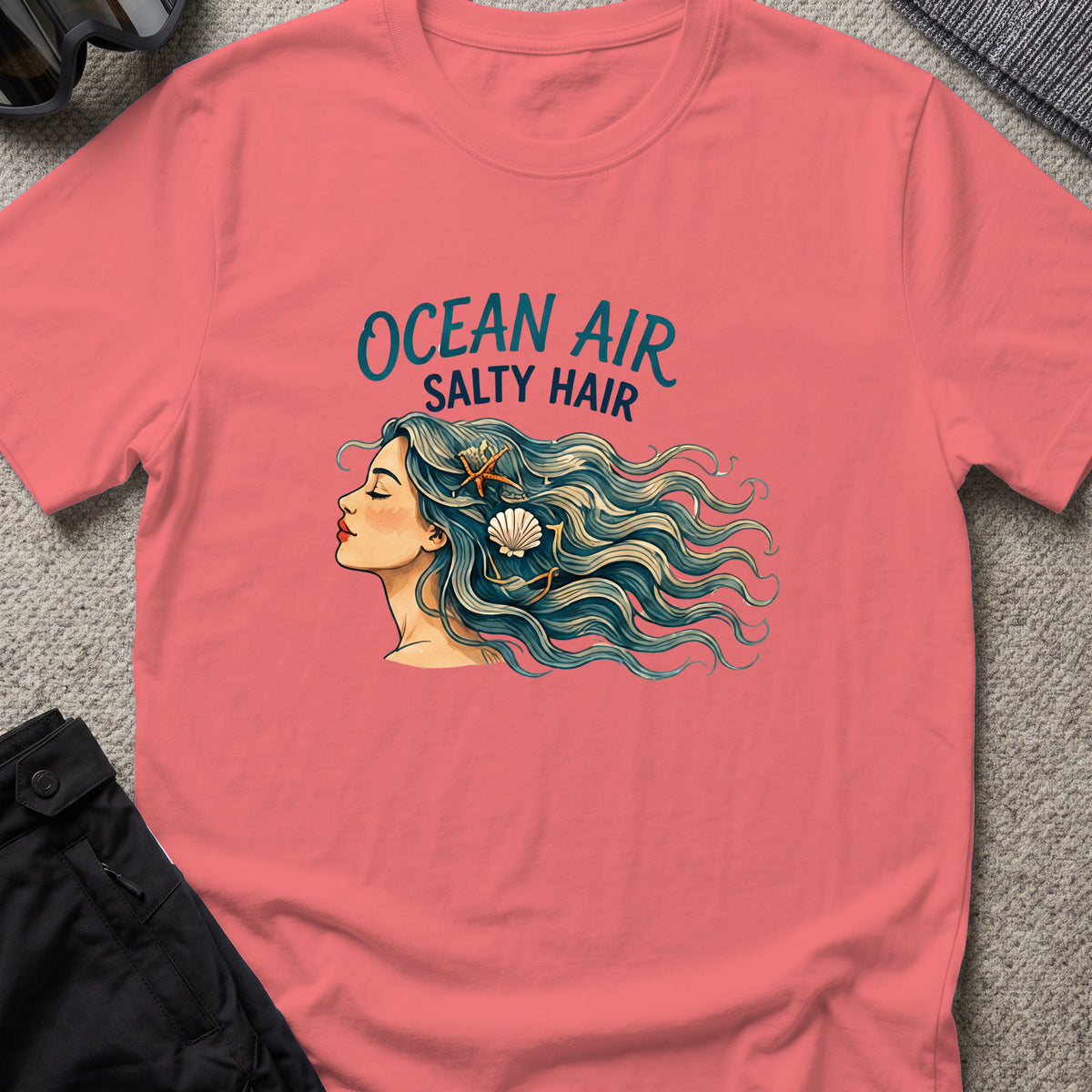 Ocean Air Salty Hair T-Shirt in Coral Silk, front view.