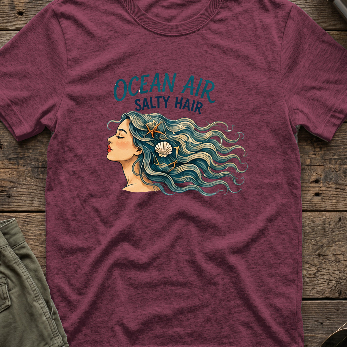 Ocean Air Salty Hair T-Shirt in Heather Maroon, front view.