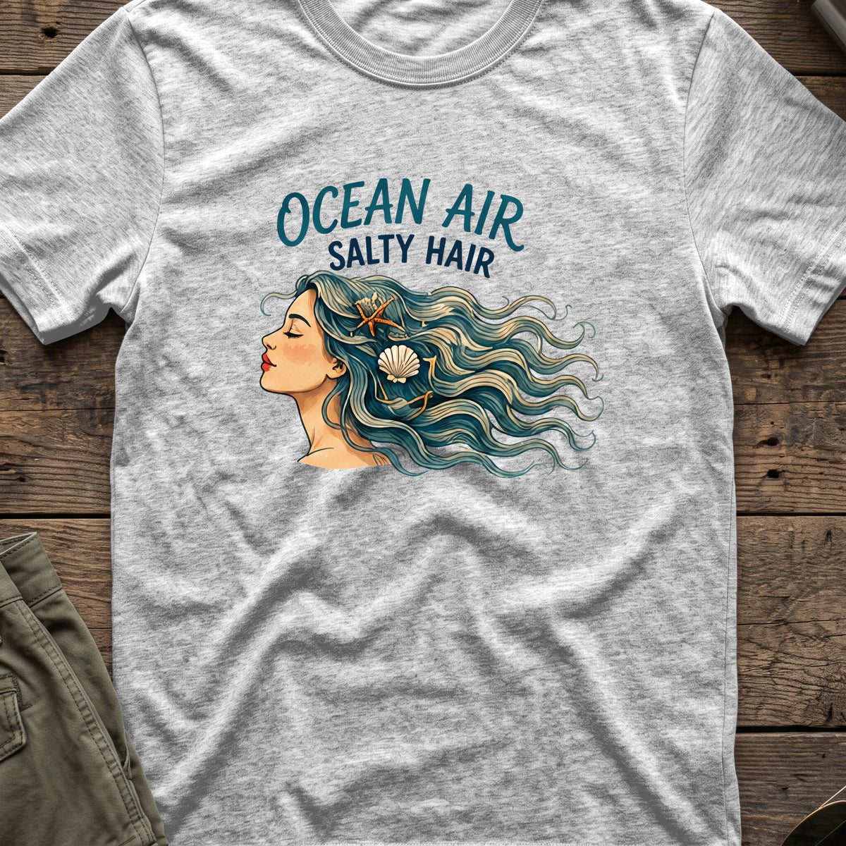 Ocean Air Salty Hair T-Shirt in Sport Grey, front view.