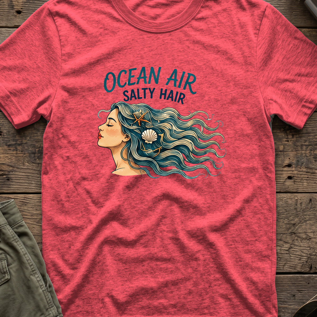 Ocean Air Salty Hair T-Shirt in Heather Red, front view.