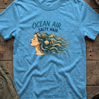 Ocean Air Salty Hair T-Shirt in Heather Sapphire, front view.