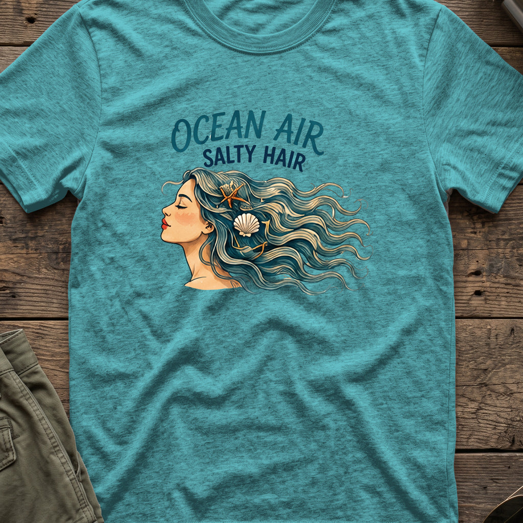 Ocean Air Salty Hair T-Shirt in Heather Galapagos Blue, front view.