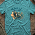 Ocean Air Salty Hair T-Shirt in Heather Galapagos Blue, front view.