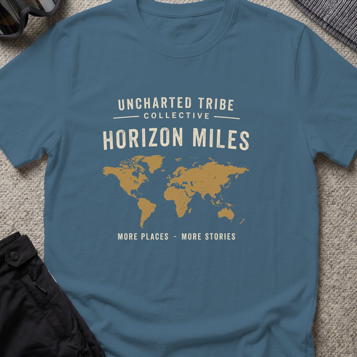 Horizon Miles T-Shirt in Indigo Blue, front view.