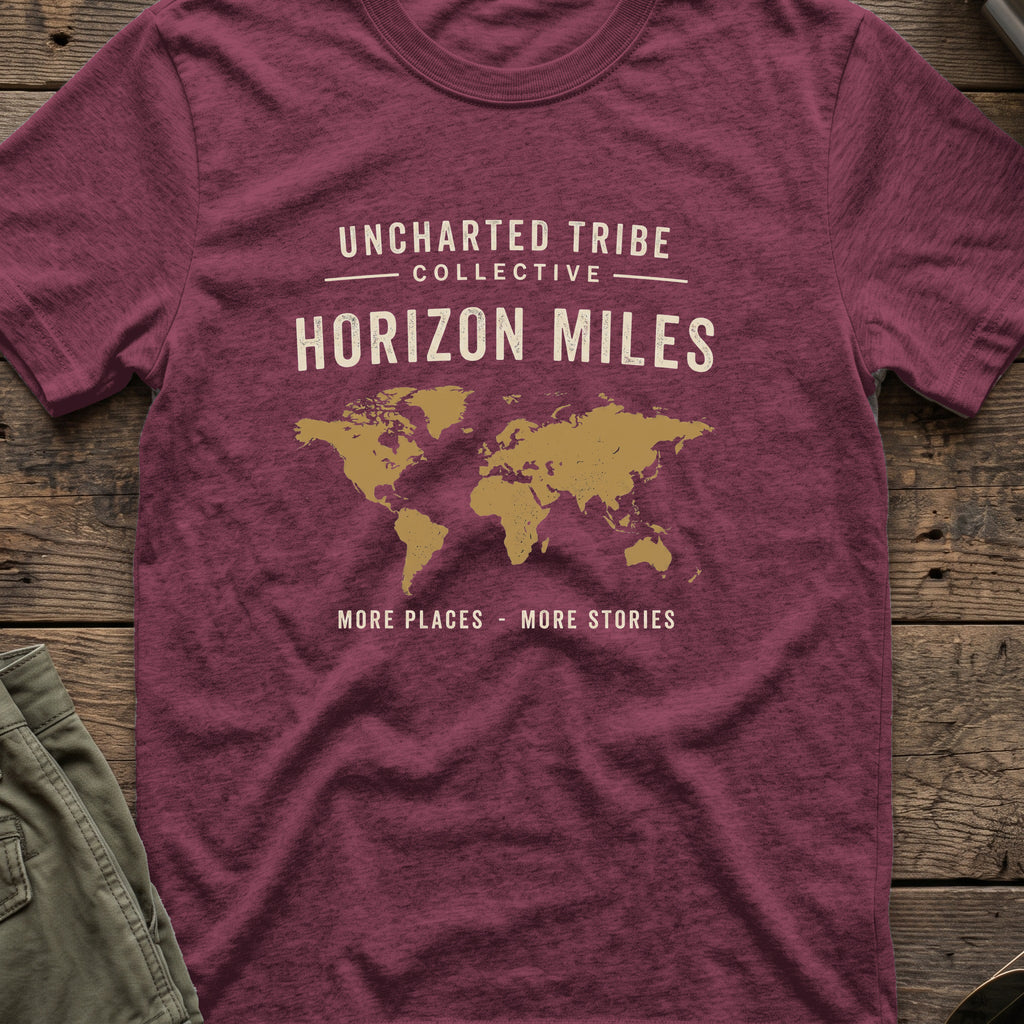 Horizon Miles T-Shirt in Heather Maroon, front view.