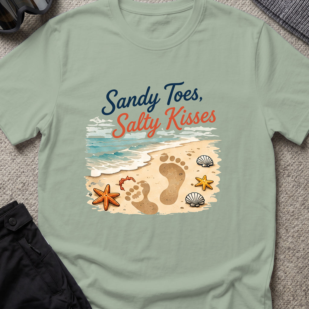 Sandy Toes Salty Kisses T-Shirt in Sage, front view.