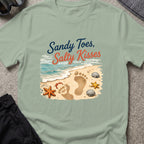 Sandy Toes Salty Kisses T-Shirt in Sage, front view.