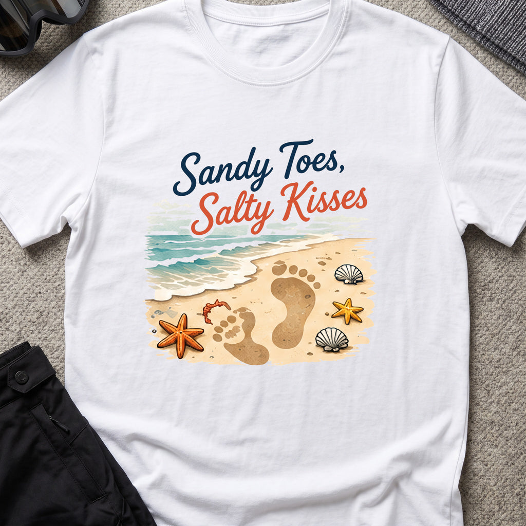 Sandy Toes Salty Kisses T-Shirt in White, front view.