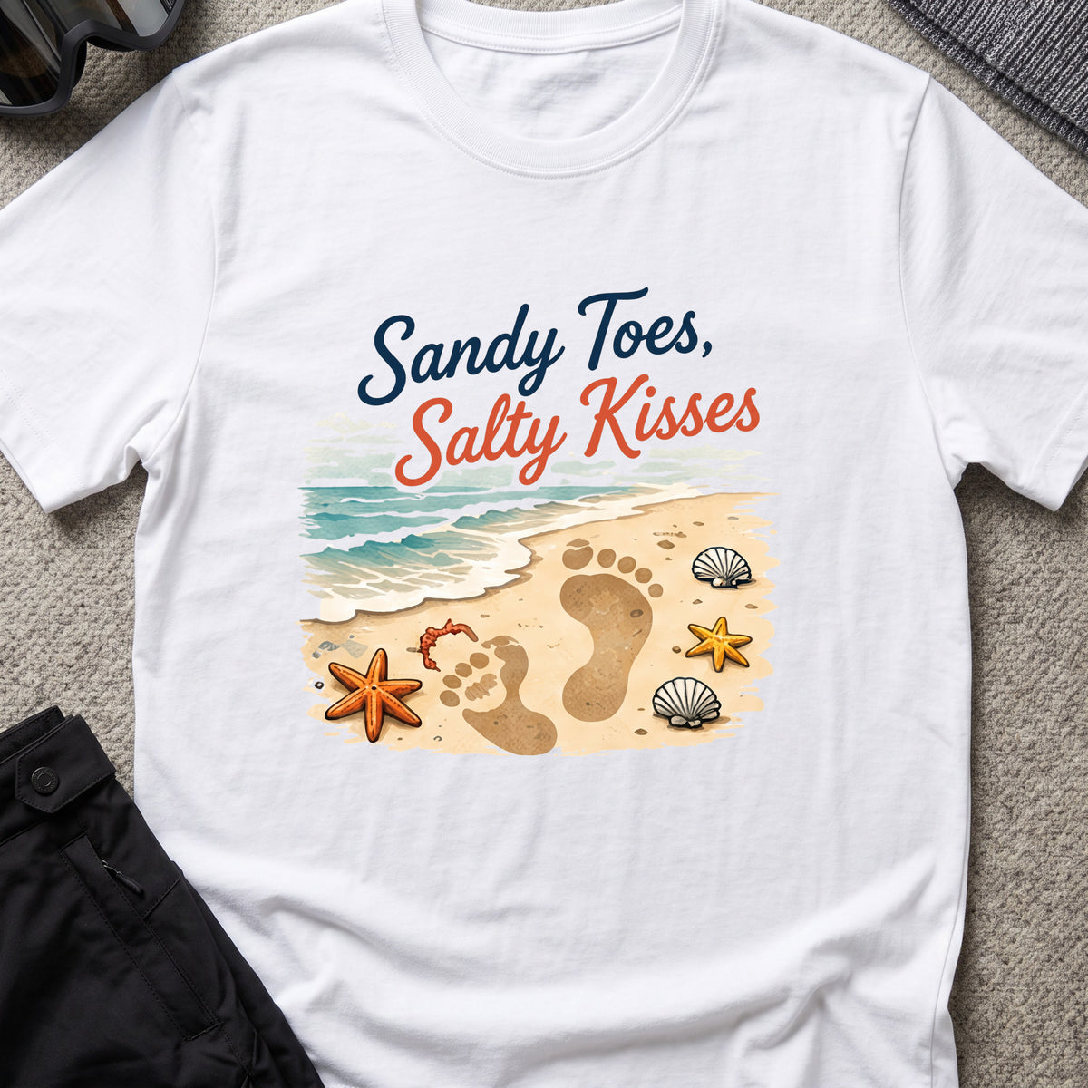 Sandy Toes Salty Kisses T-Shirt in White, front view.