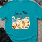 Sandy Toes Salty Kisses T-Shirt in Tropical Blue, front view.