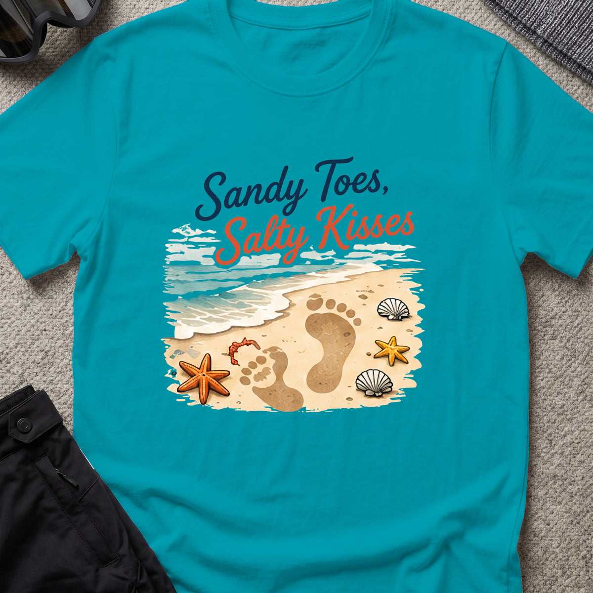 Sandy Toes Salty Kisses T-Shirt in Tropical Blue, front view.